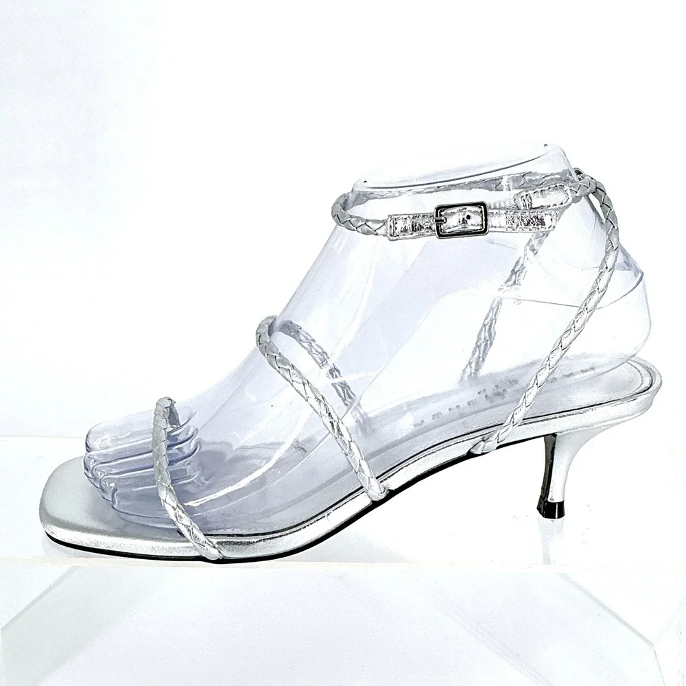 Marc Fisher Size 6 Silver Metallic Braided Kitten Heel Sandals NEW Beylee $70